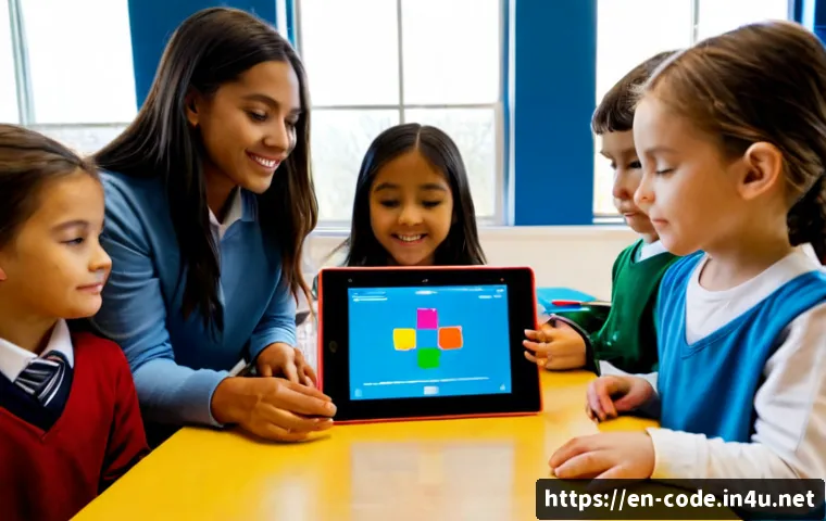 코딩교육지도사와 에듀테크 산업 연계 - Photorealistic modern elementary classroom in the United States, a coding education instructor guidi...